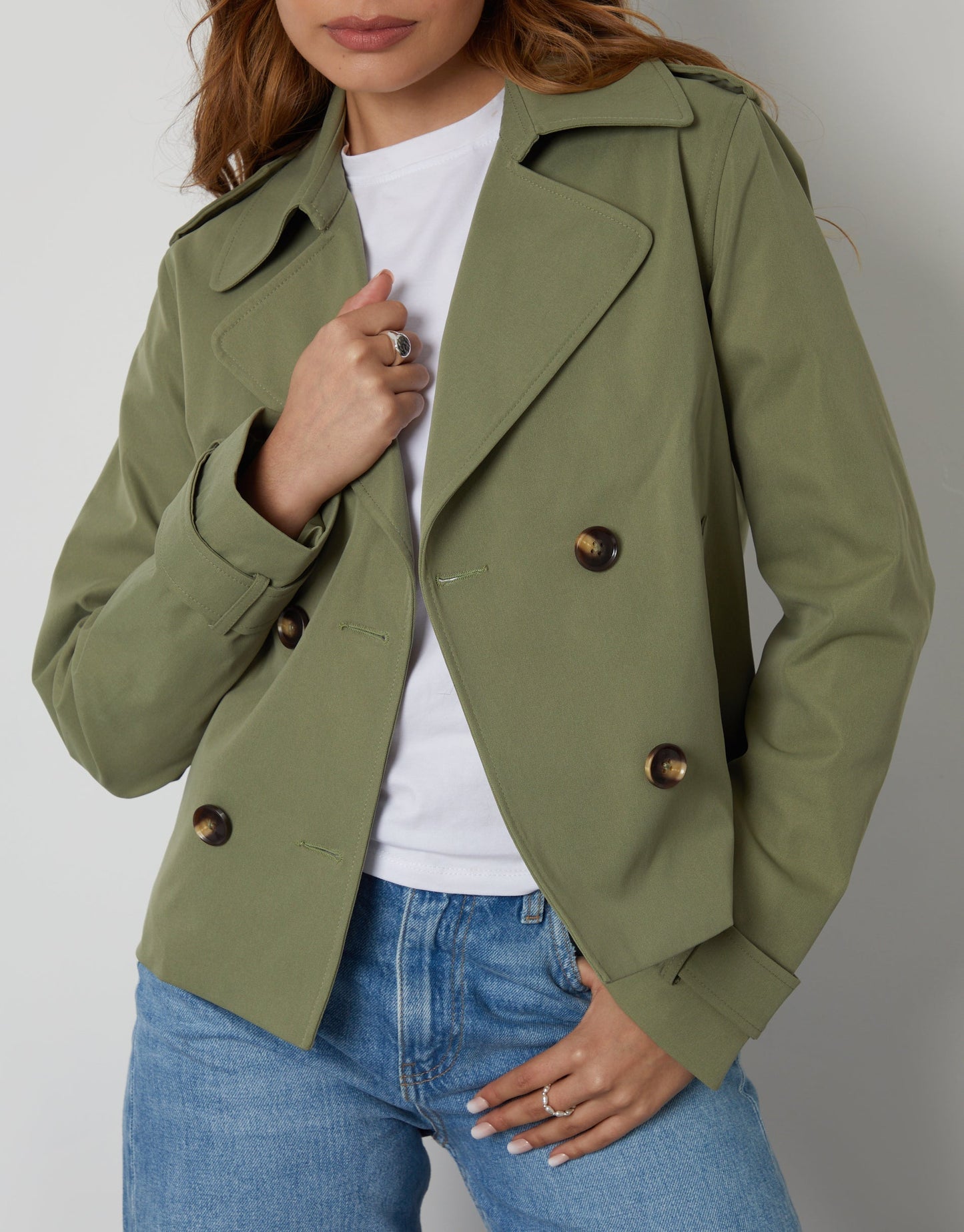 Women's Khaki Double Breasted Cropped Trench Coat